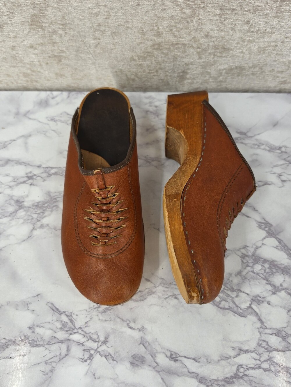 Vintage 70s Swedish Brown Leather Wood Wooden Clog Shoes